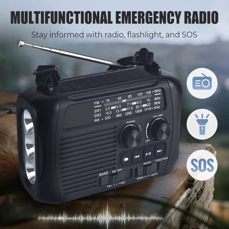 Noodradio 10000mAh Alles-in-één Kavvy - 10000mAh Noodradio – Solar, Handcrank & Weerradio Noodradio, 10.000 mAh/37.000 mWh, NOAA weerradio, zwengel