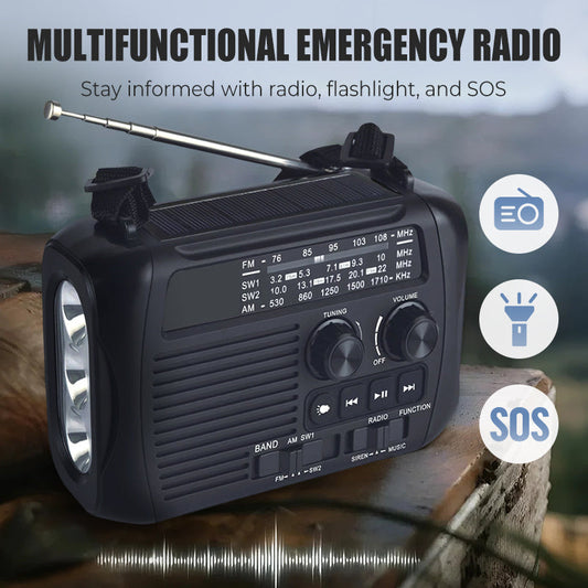 Multifunctionele noodradio met handzwengel en zonne-energie